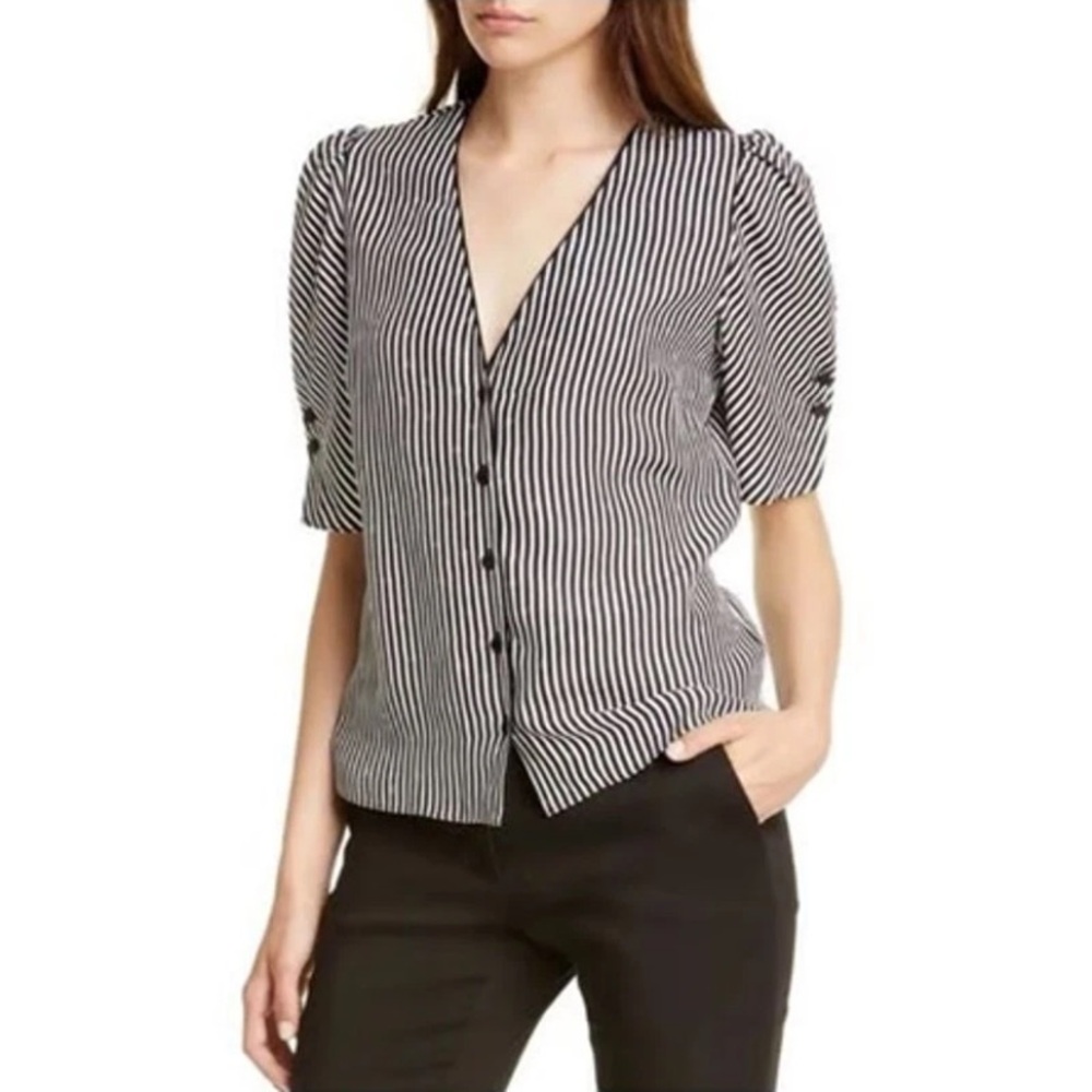 Frame Olivia Stripe Silk Blouse Black White Size L Short Sleeve